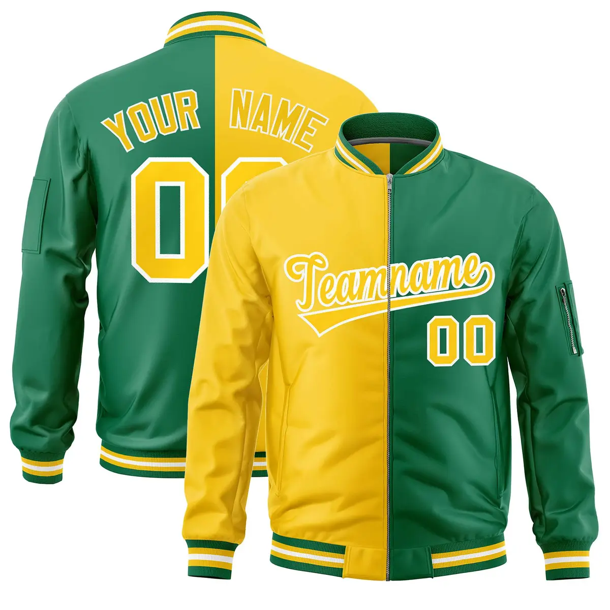 Gold Kelly Green Two Tone Split Varsity Letterman Bomber Jacket
