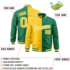 Gold Kelly Green Two Tone Split Varsity Letterman Bomber Jacket 2