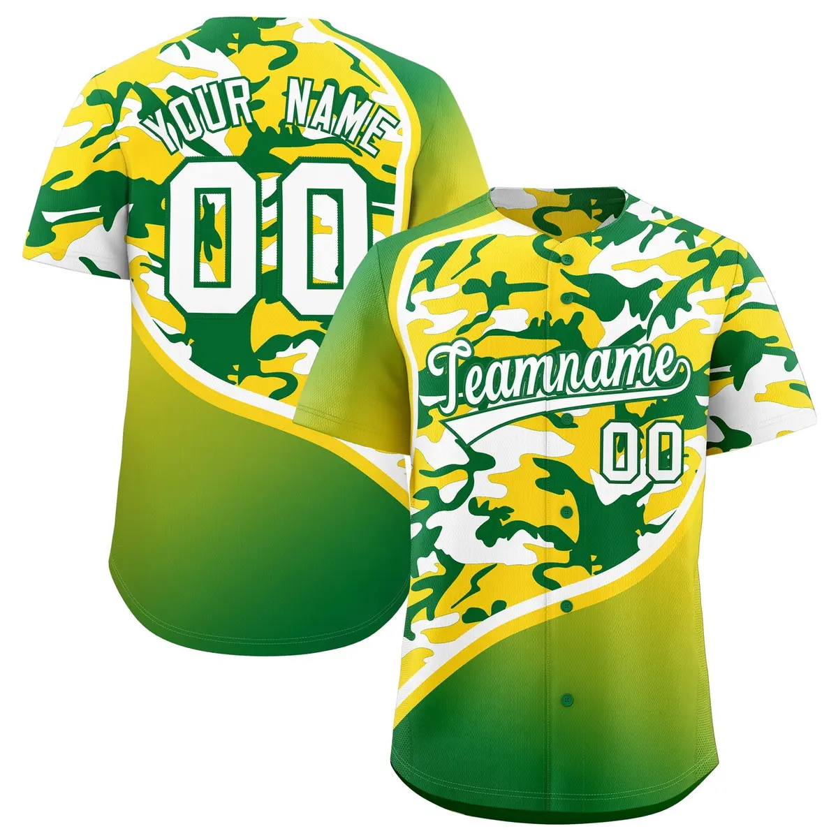 Gold Kelly Green White Camo Gradient Fashion Baseball Jersey