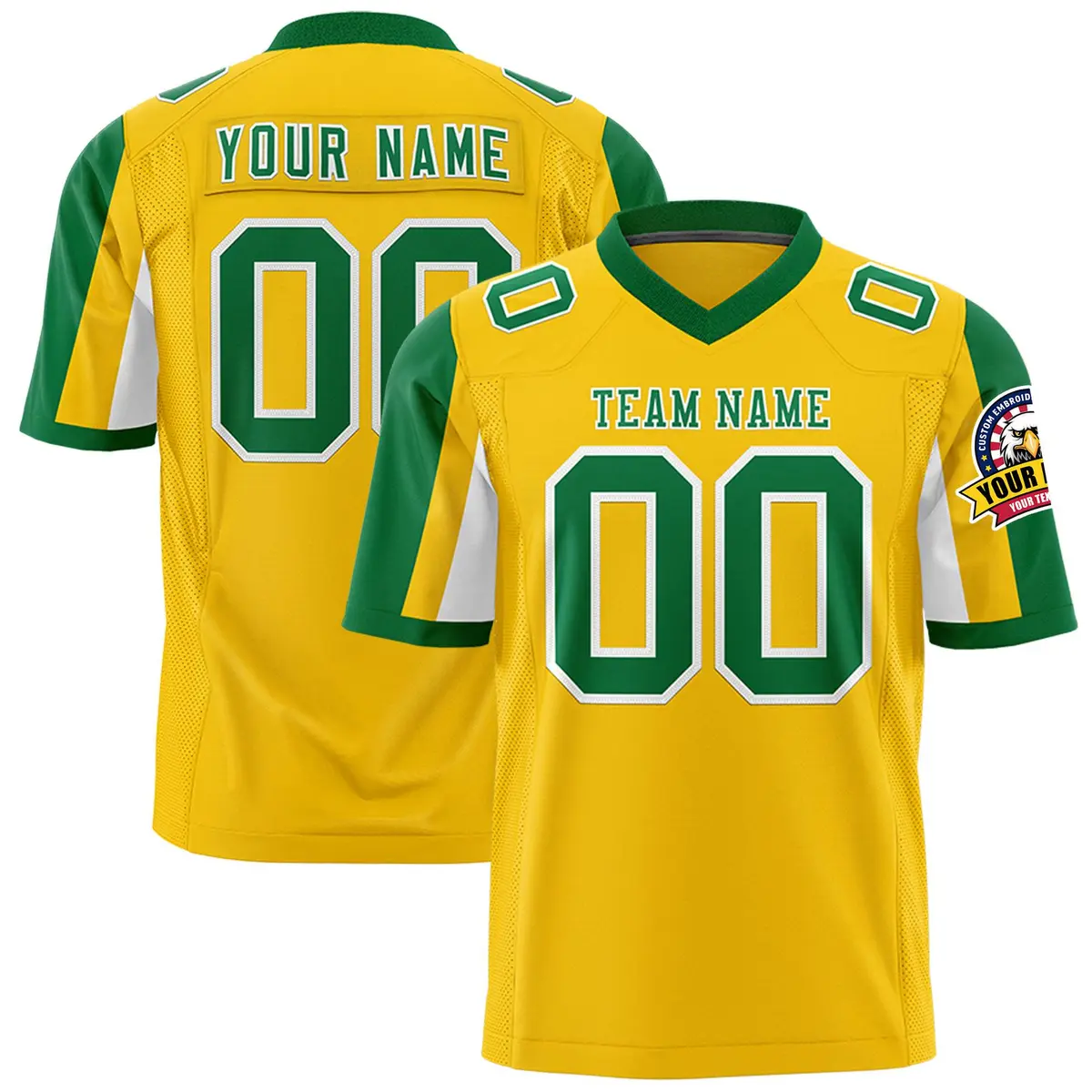 Gold Kelly Green-White Color Block Raglan Sleeves Football Jersey