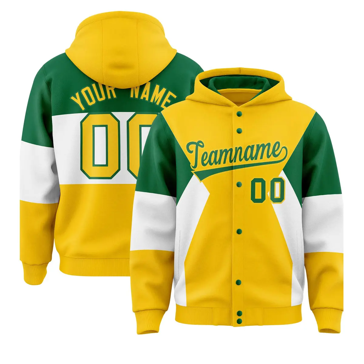 Gold Kelly Green-White Color Block Varsity Full-Snap Letterman Jacket Hoodie