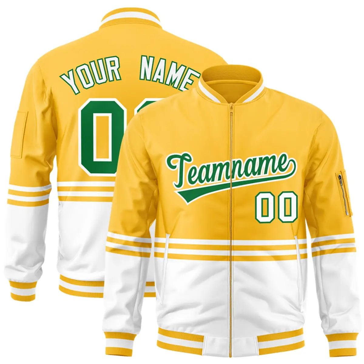 Gold Kelly Green-White Color Block Varsity Full-Zip Letterman Bomber Jacket
