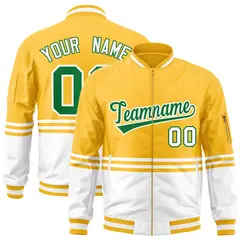 Gold Kelly Green-White Color Block Varsity Full-Zip Letterman Bomber Jacket