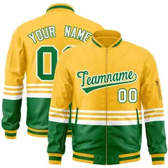 Gold Kelly Green-White Color Block Varsity Full-Zip Letterman Bomber Jacket