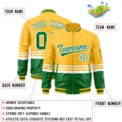 Gold Kelly Green-White Color Block Varsity Full-Zip Letterman Bomber Jacket 2