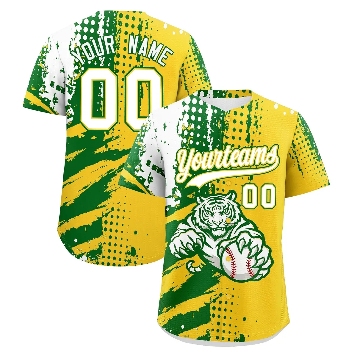 Gold Kelly Green White Full-Snap Tiger Graffiti Baseball Jersey