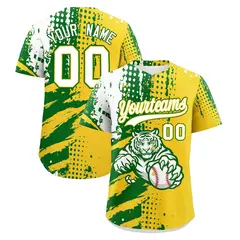 Gold Kelly Green White Full-Snap Tiger Graffiti Baseball Jersey 1