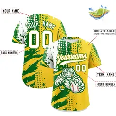 Gold Kelly Green White Full-Snap Tiger Graffiti Baseball Jersey 2