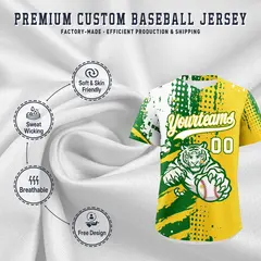 Gold Kelly Green White Full-Snap Tiger Graffiti Baseball Jersey 3