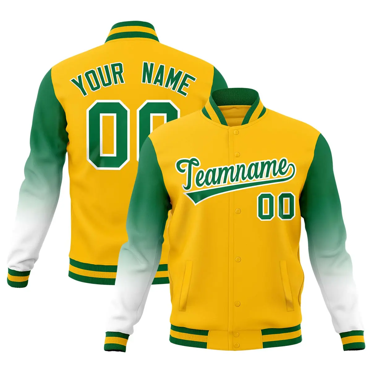 Gold Kelly Green White Gradient Varsity Raglan Letterman Jacket