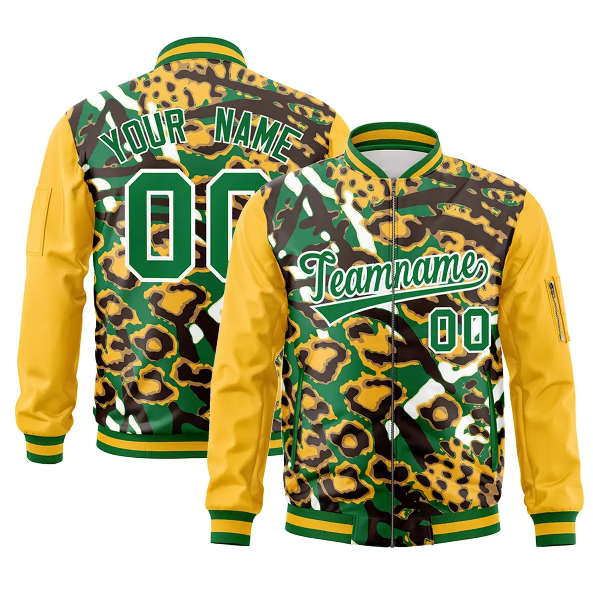 Gold Kelly Green-White Graffiti Pattern Full-Zip Letterman Bomber Jacket