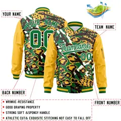Gold Kelly Green-White Graffiti Pattern Full-Zip Letterman Bomber Jacket 2