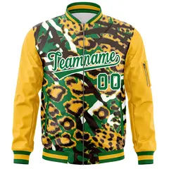 Gold Kelly Green-White Graffiti Pattern Full-Zip Letterman Bomber Jacket 3