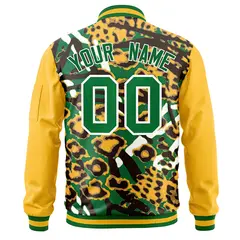 Gold Kelly Green-White Graffiti Pattern Full-Zip Letterman Bomber Jacket 4
