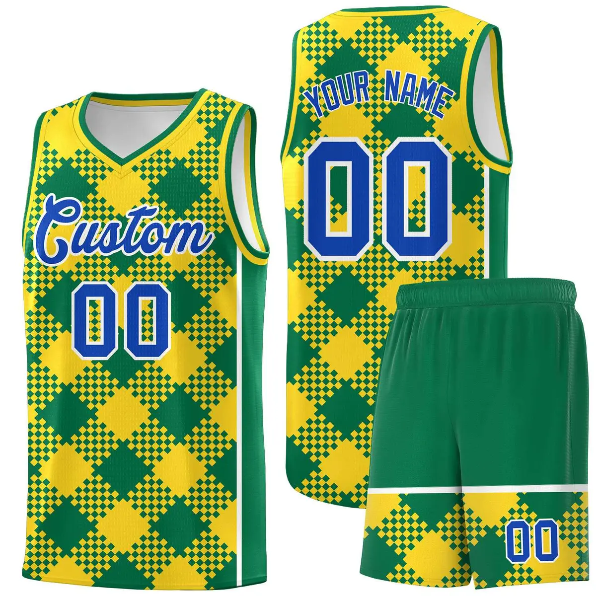 Gold Kelly Green-White Grid Basketball Kits For Team