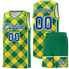 Gold Kelly Green-White Grid Basketball Kits For Team