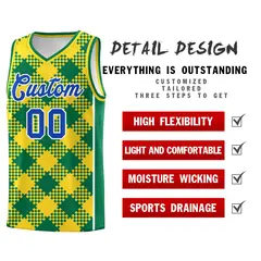 Gold Kelly Green-White Grid Basketball Kits For Team 2