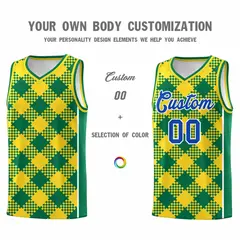 Gold Kelly Green-White Grid Basketball Kits For Team 3