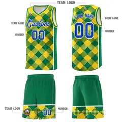 Gold Kelly Green-White Grid Basketball Kits For Team 5