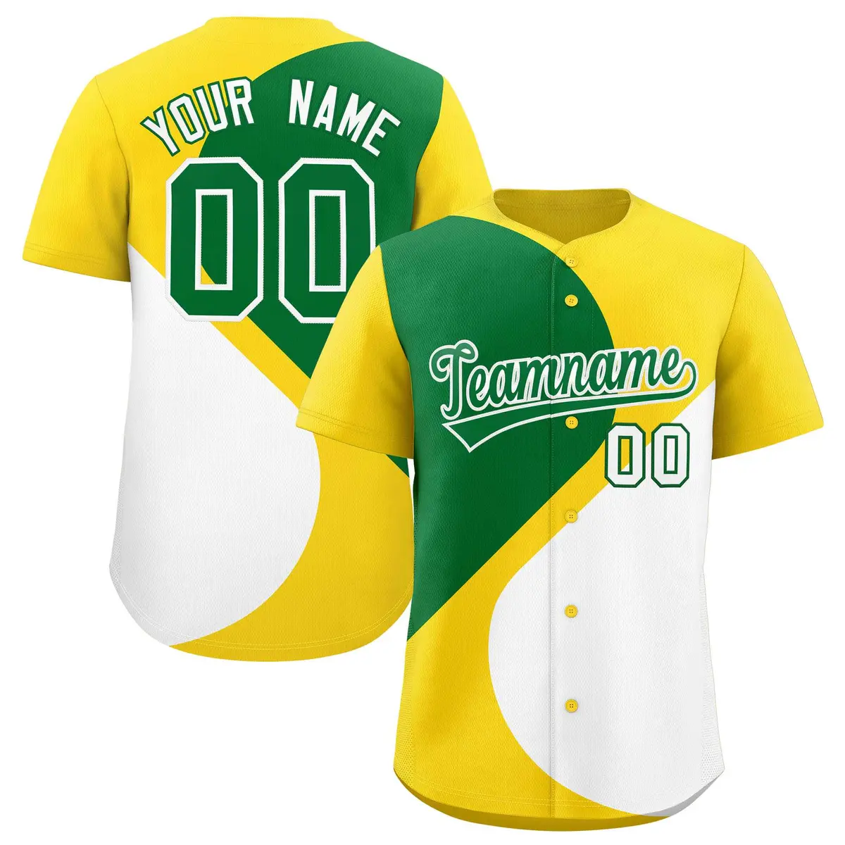Gold Kelly Green White Half Heart Color Block Baseball Jersey