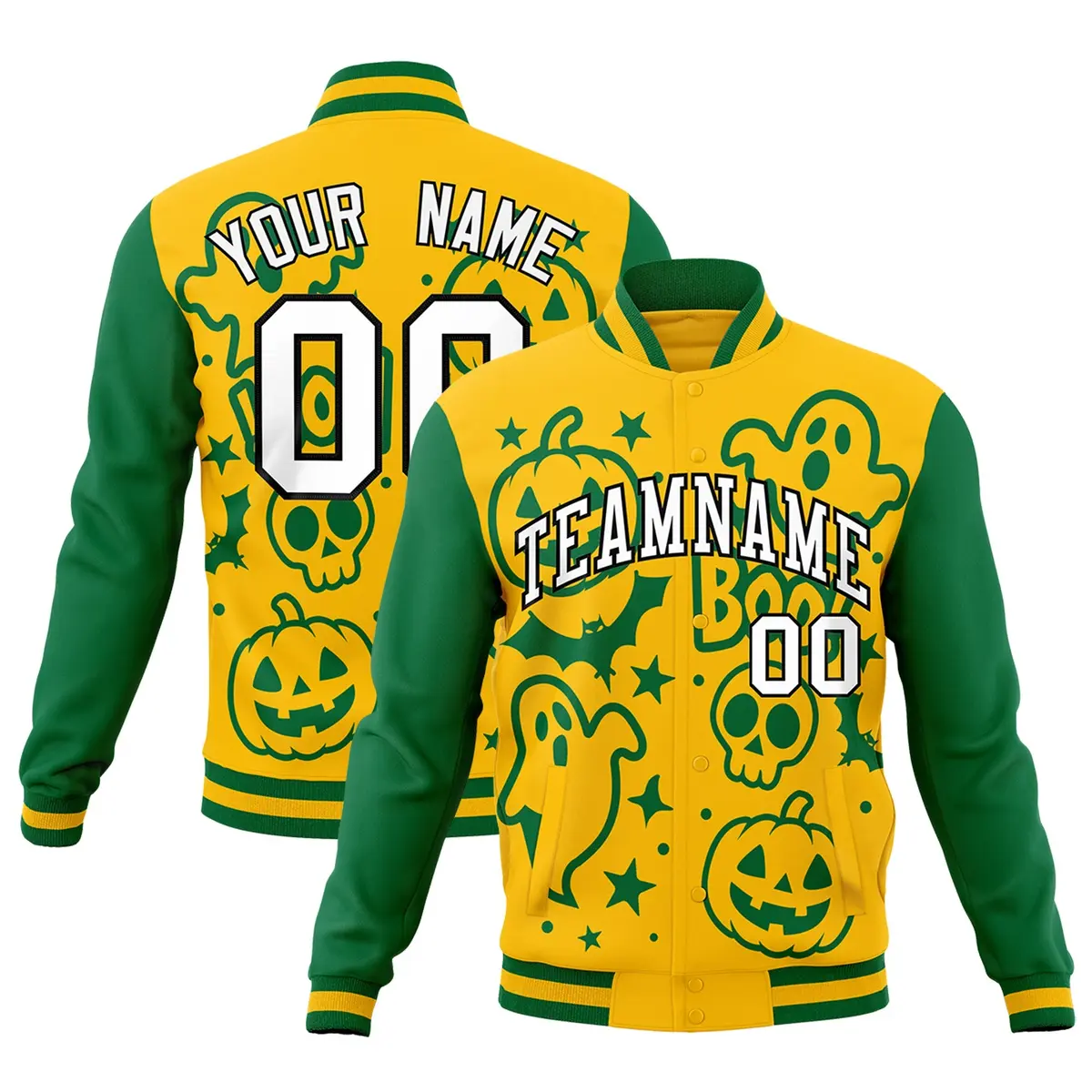 Gold Kelly Green White Halloween Bats Pumpkins Ghost Letterman Jacket
