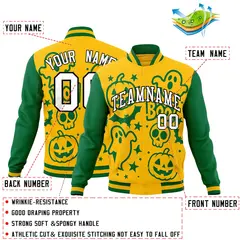 Gold Kelly Green White Halloween Bats Pumpkins Ghost Letterman Jacket 2