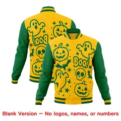 Gold Kelly Green White Halloween Bats Pumpkins Ghost Letterman Jacket 7