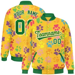 Gold Kelly Green-White Paw Prints Graffiti Varsity Letterman Baseball Jacket