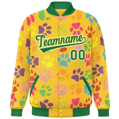 Gold Kelly Green-White Paw Prints Graffiti Varsity Letterman Baseball Jacket 3