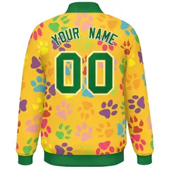 Gold Kelly Green-White Paw Prints Graffiti Varsity Letterman Baseball Jacket 4