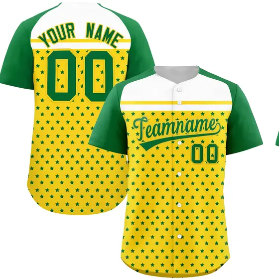 Gold Kelly Green White Raglan Star Print Baseball Jersey