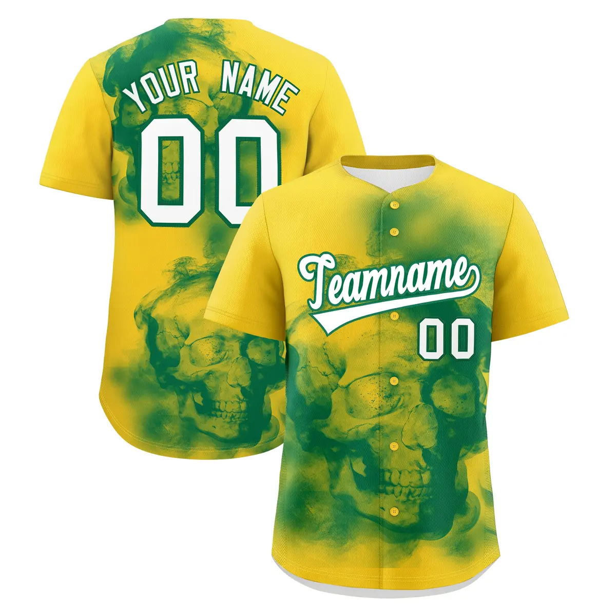 Gold Kelly Green White Skeleton Graffiti Baseball Jersey
