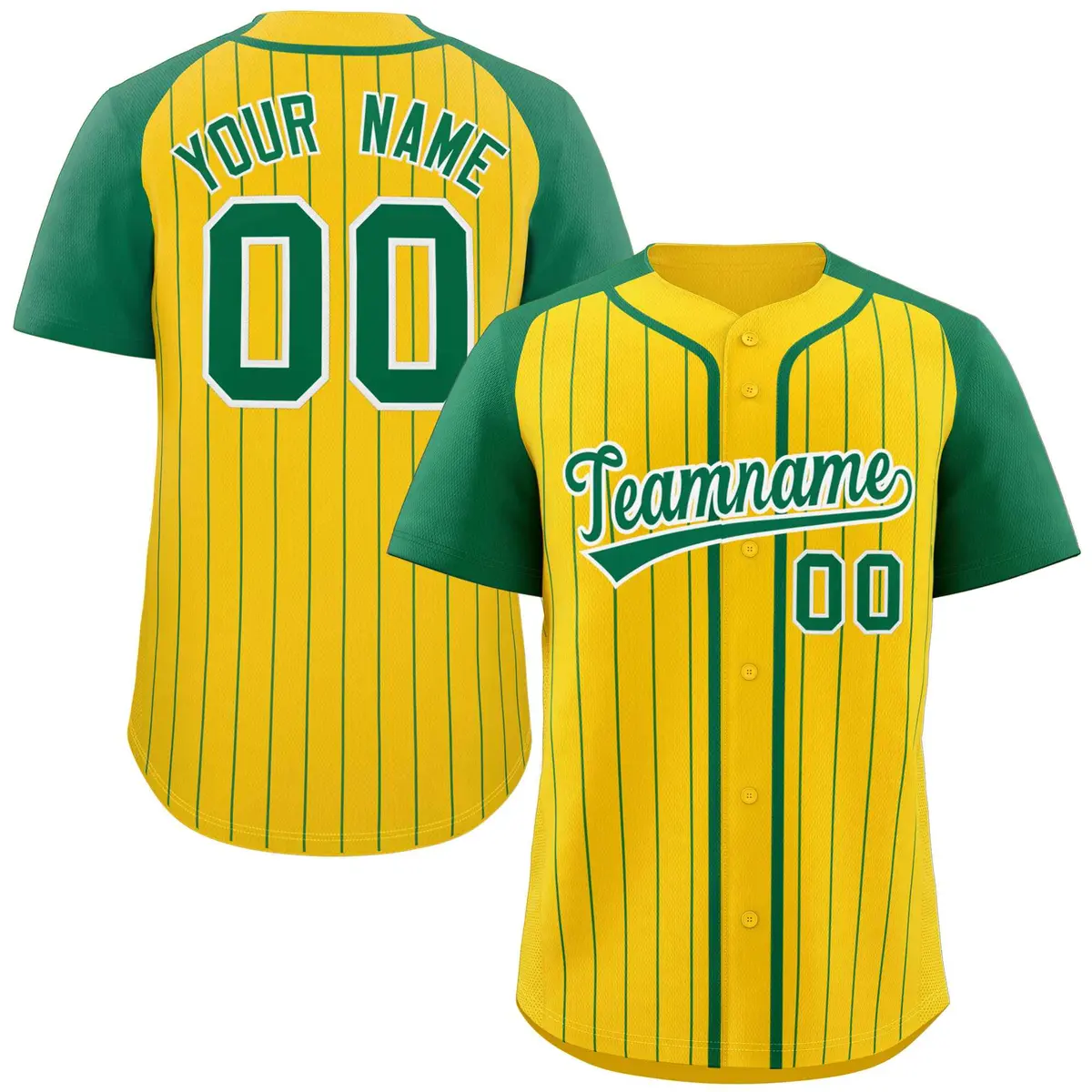 Gold Kelly-Green White Stripe Raglan Sleeves Baseball Jersey