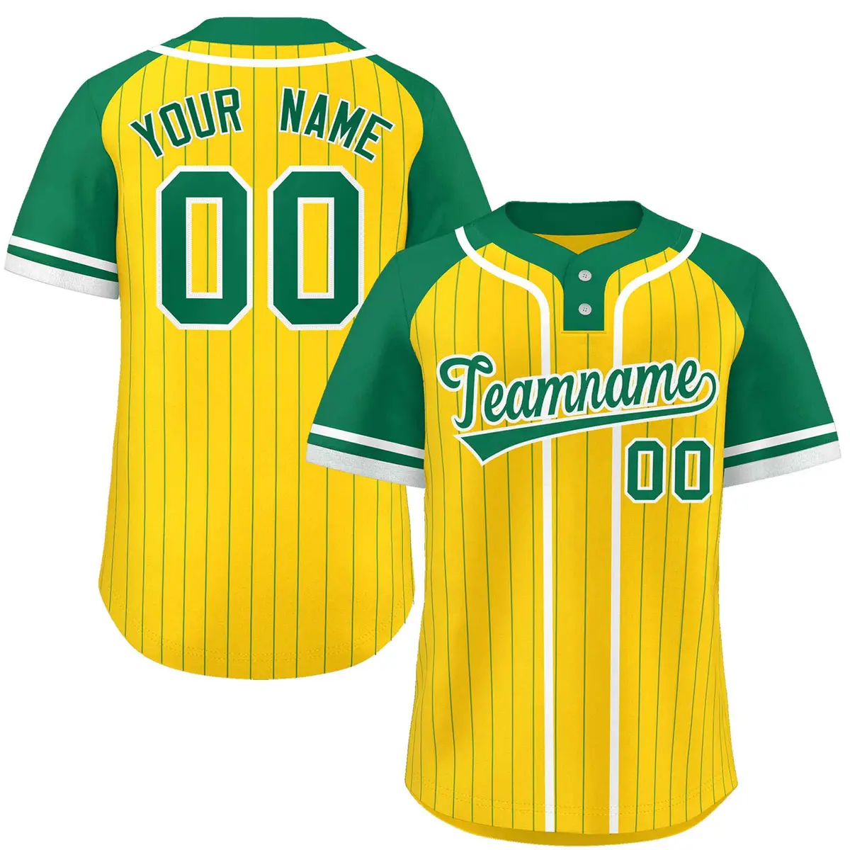 Gold Kelly Green-White Stripe Raglan Two-Button Softball Jersey