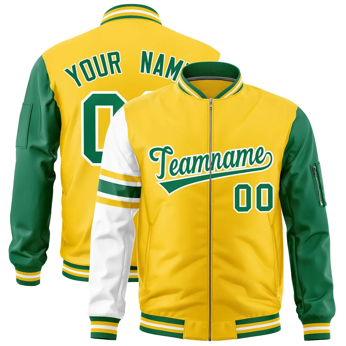 Gold Kelly Green-White Varsity Full-Zip Raglan Stripe Letterman Bomber Jacket