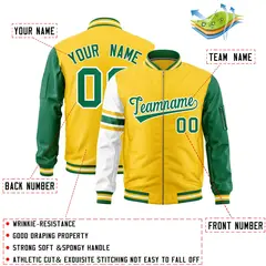 Gold Kelly Green-White Varsity Full-Zip Raglan Stripe Letterman Bomber Jacket 2