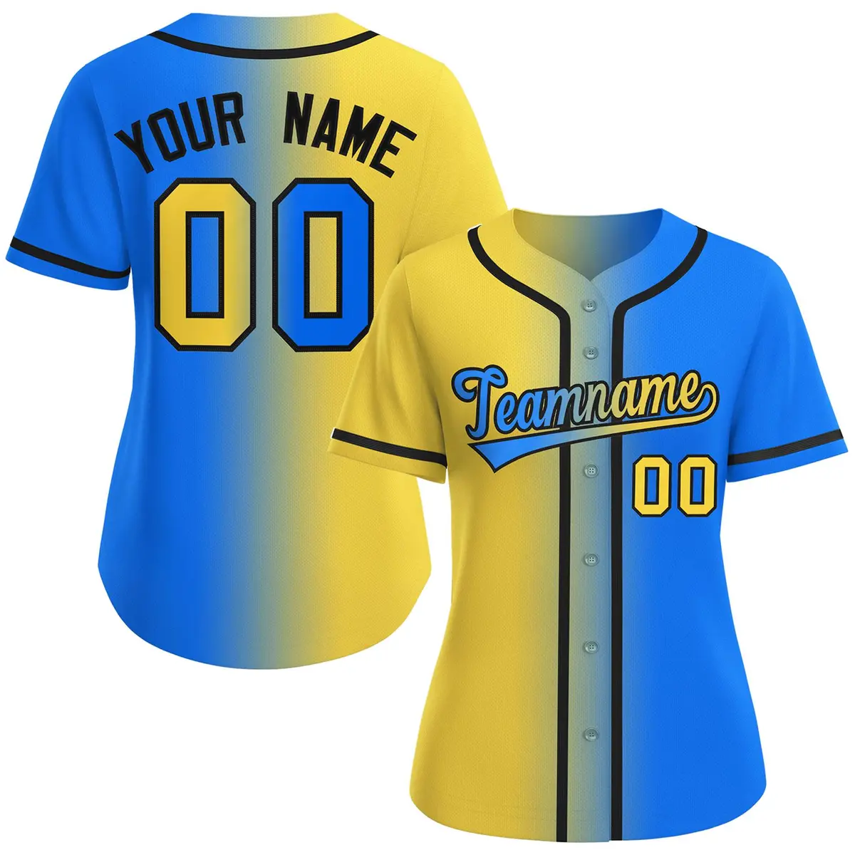 Women's Gold Light Blue-Black Gradient Baseball Jersey