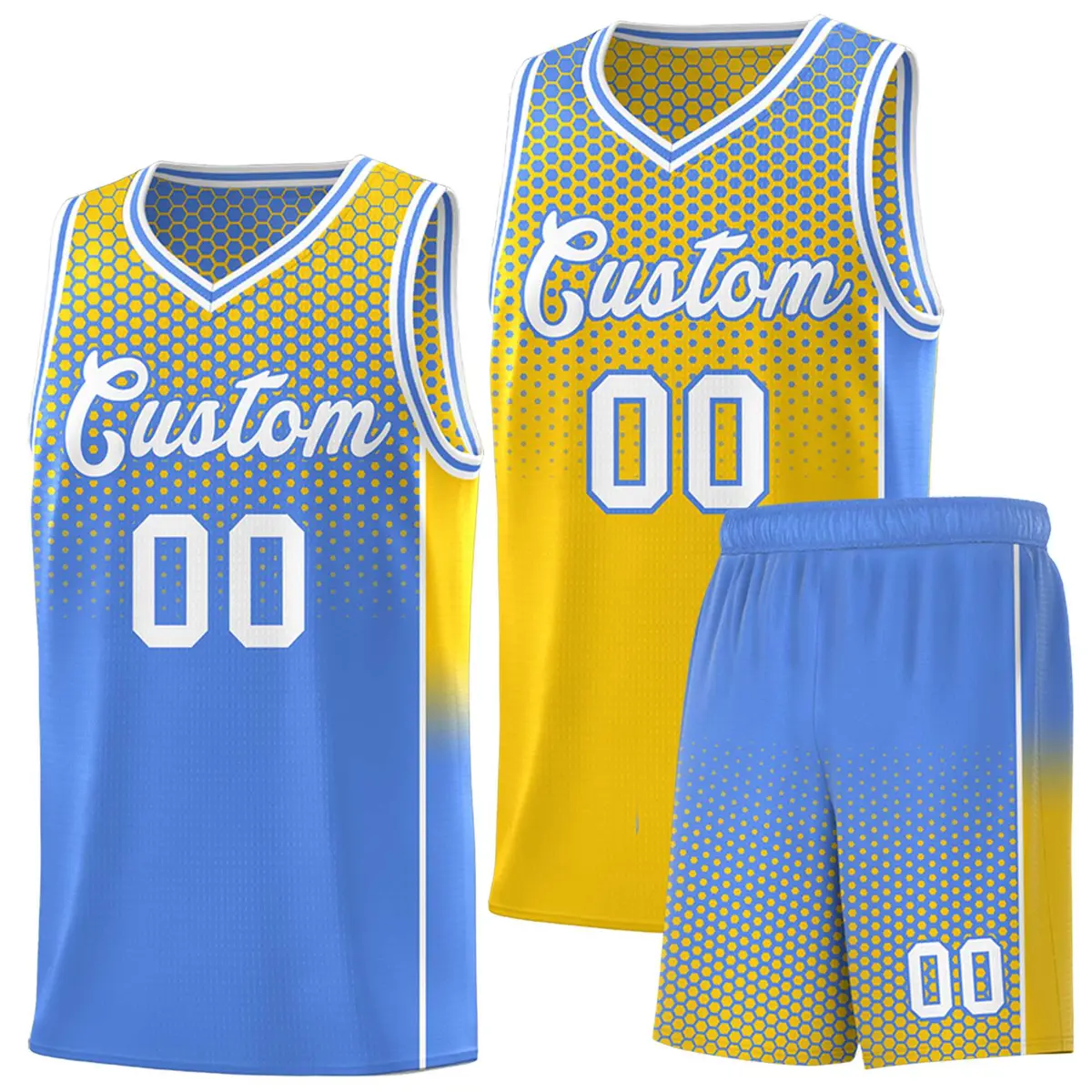Gold Light Blue Dot Pattern Reversible Gradient Basketball Jersey Kits