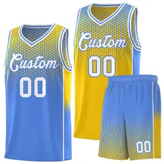 Gold Light Blue Dot Pattern Reversible Gradient Basketball Jersey Kits