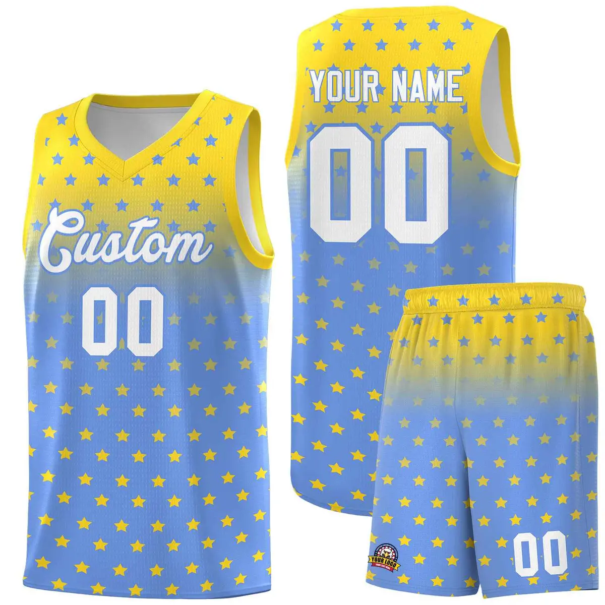 Gold Light Blue Gradient Star Pattern Basketball Jersey Sets