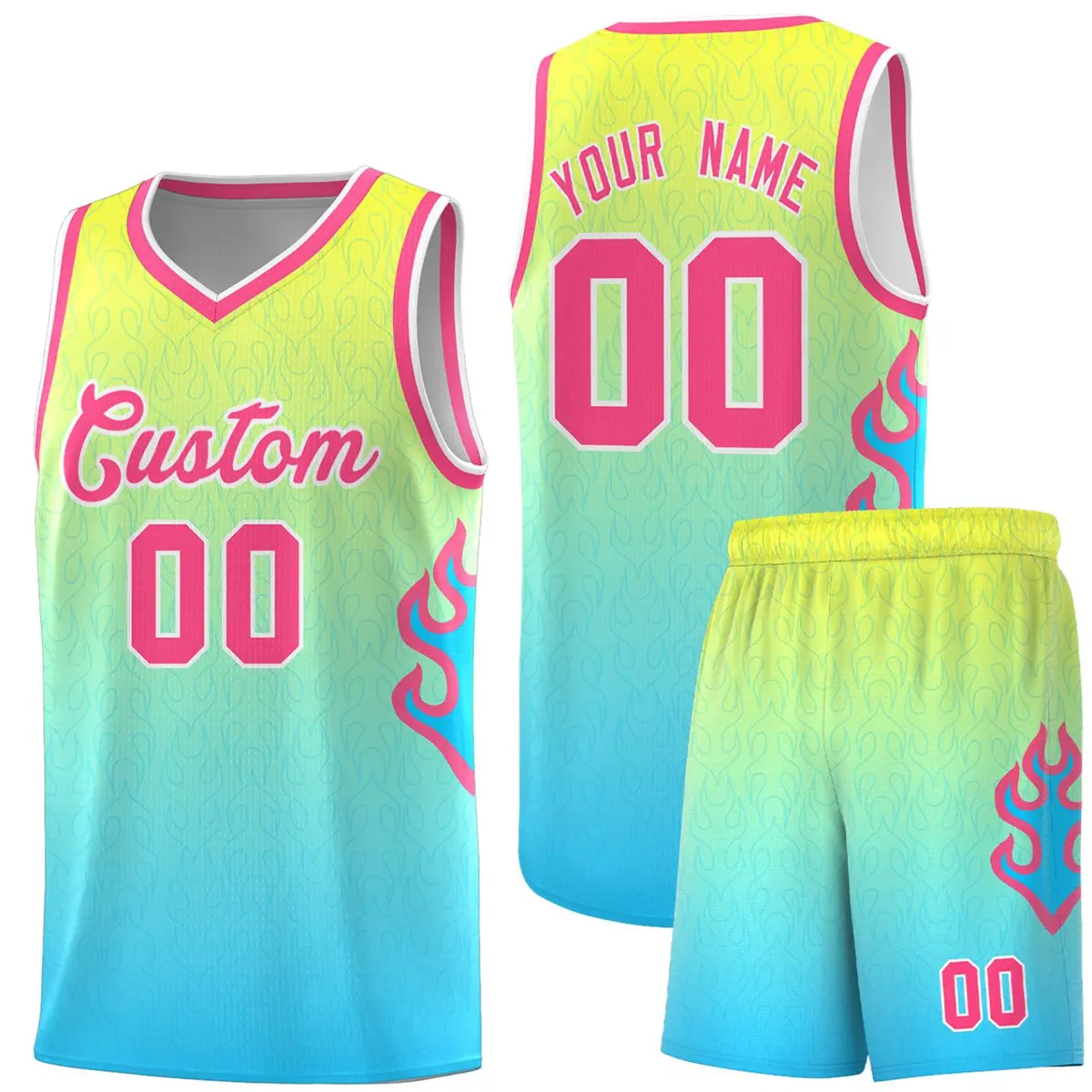 Gold Light Blue-Pink Flame Gradient Basketball Jersey