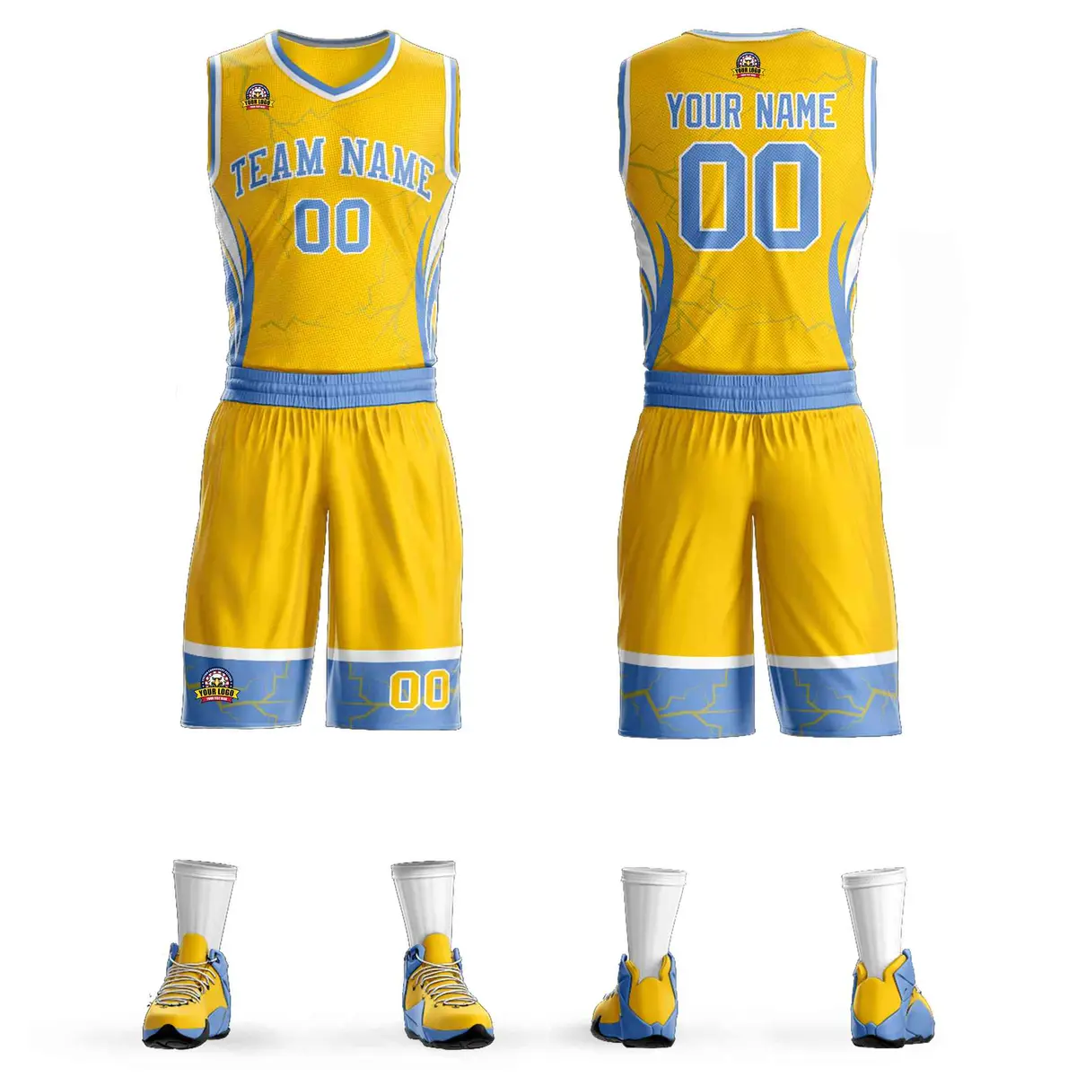 Gold Light Blue-White Graffiti Lightning Basketball Jersey