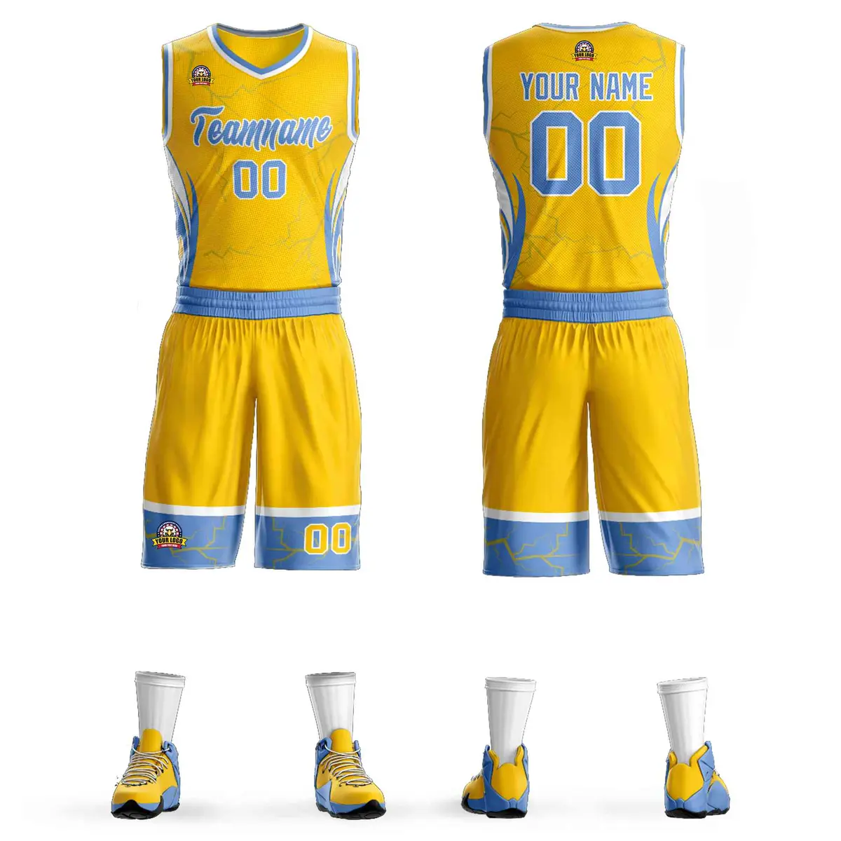Gold Light Blue-White Graffiti Lightning Basketball Jersey