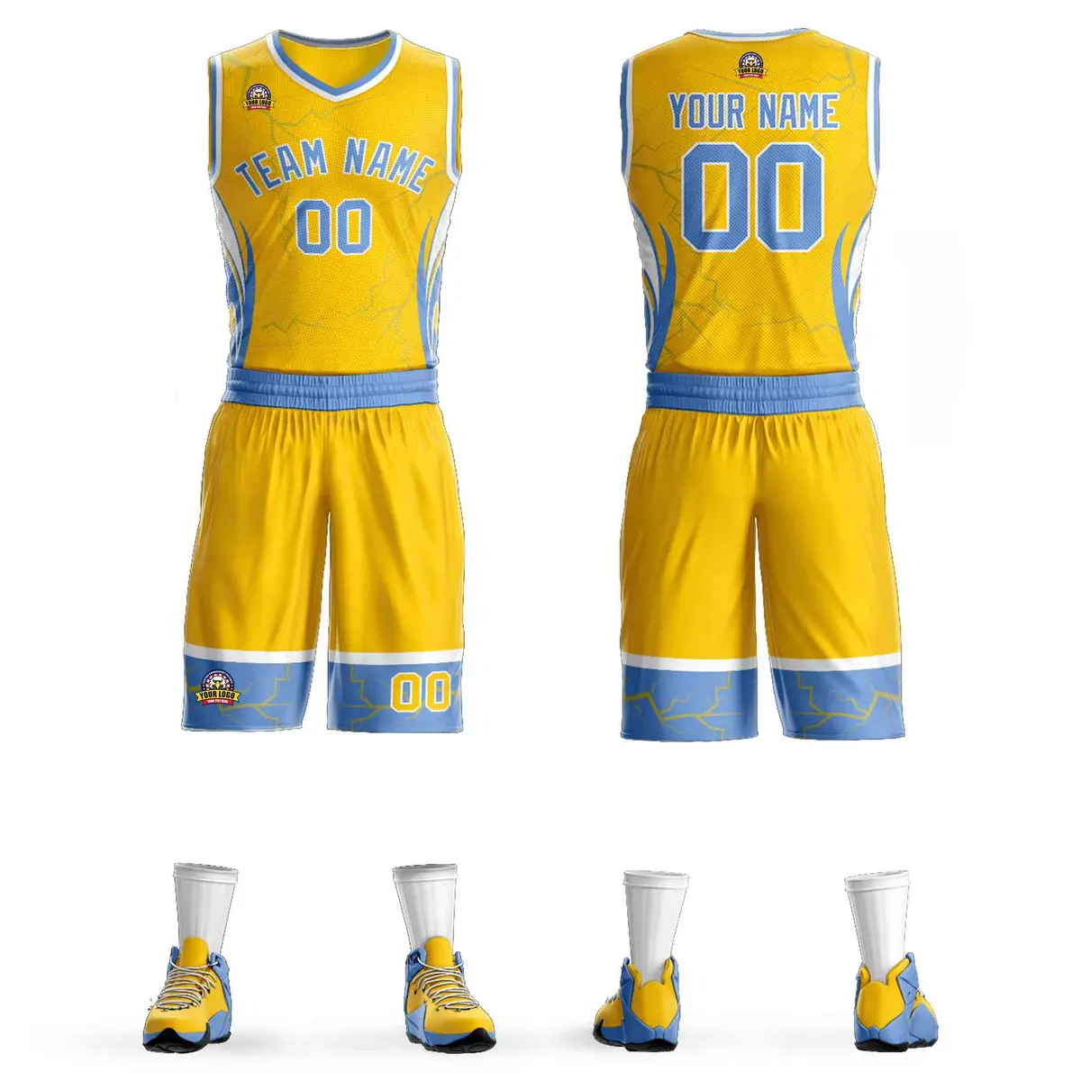 Gold Light Blue-White Graffiti Lightning Basketball Jersey