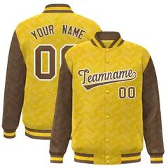 Gold Light Brown L Pattern Varsity Raglan Full-Snap Letterman Baseball Jacket 1