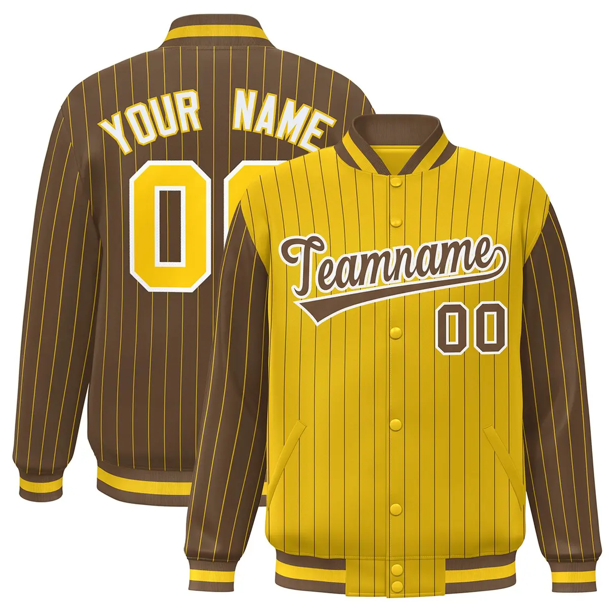 Gold Light Brown Pinstripe Raglan Varsity Letterman Baseball Jacket