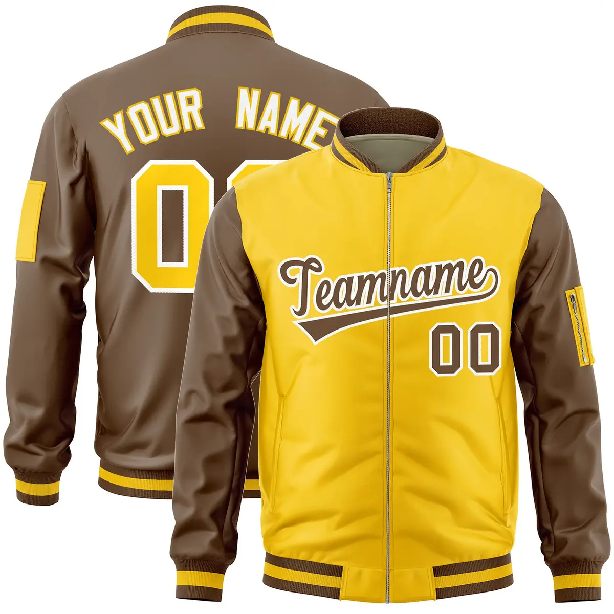 Gold Light Brown Two-Tone Varsity Letterman Bomber Jacket