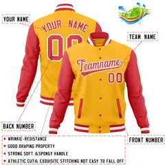 Gold Light Red Full-Snap Raglan Sleeves Letterman Jacket 4