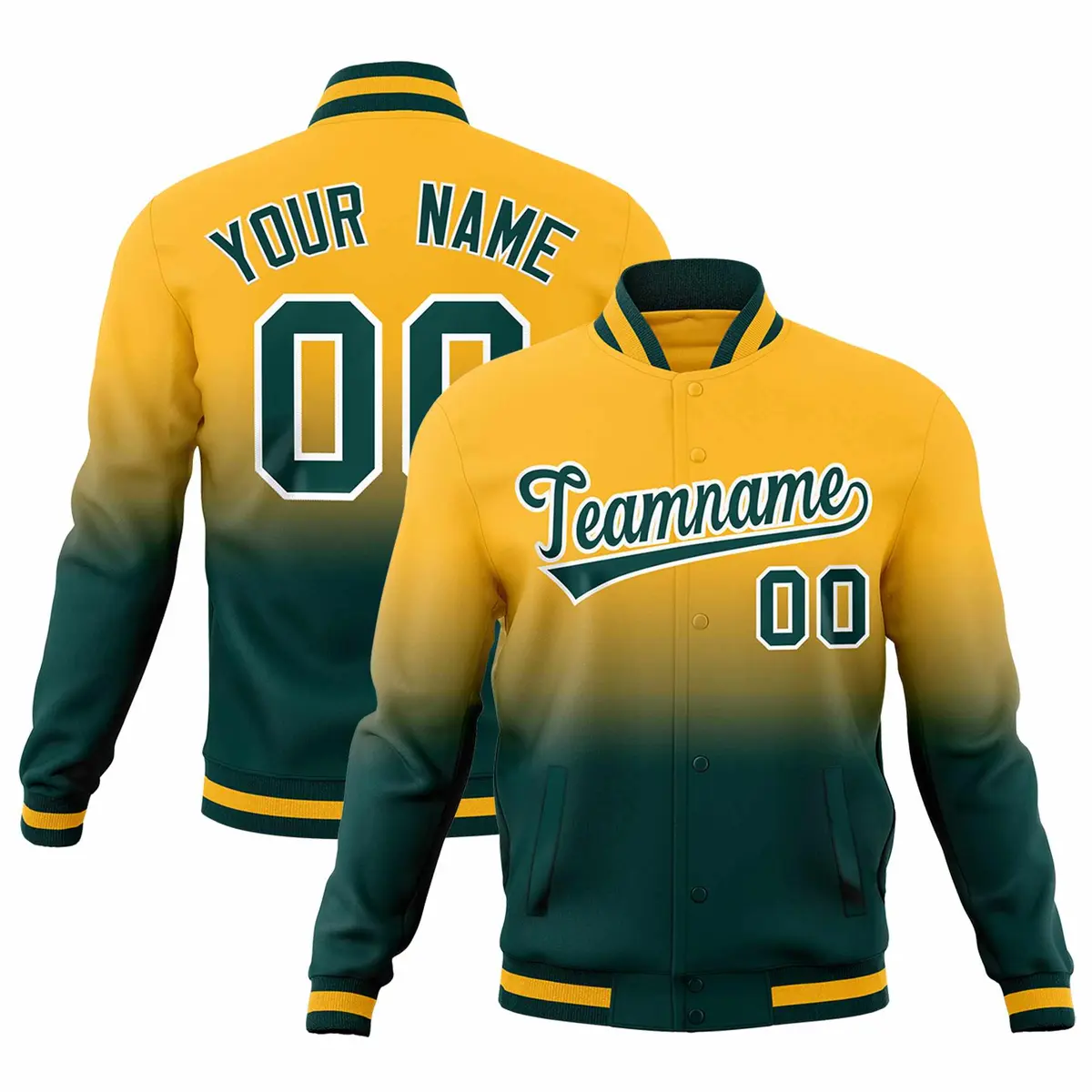 Gold Midnight Green Gradient Full-Snap Letterman Jacket