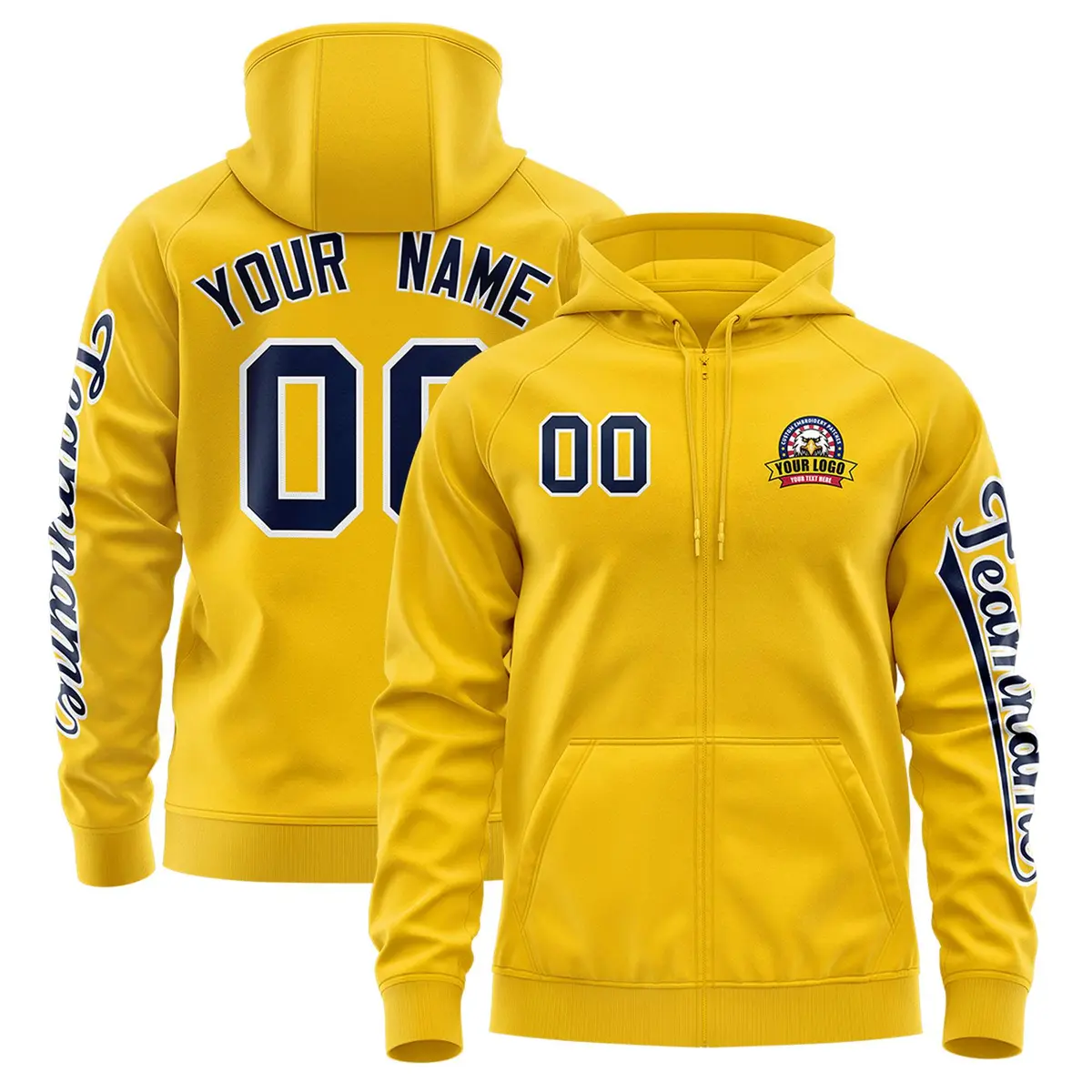 Gold Navy Classic Full-Zip Varsity Letterman Jacket Hoodie